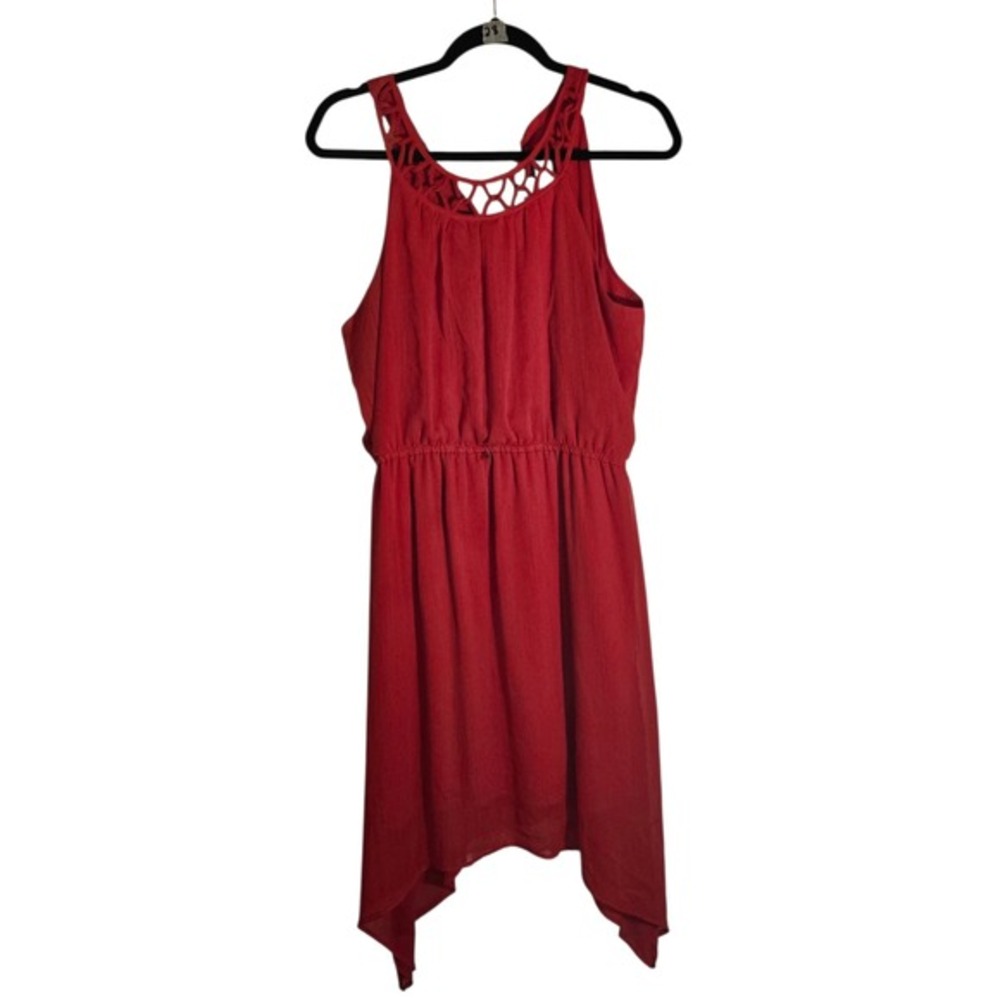 Red Lattice Neckline Handkerchief Hem Sleeveless Elastic Waist Dress Womens